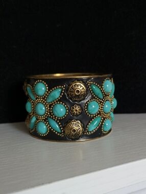 Gorgeous Estate Statement Cuff Bracelet Brass / Cooper "Turquoise" Accents 3"